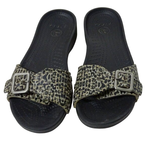 Crocs Leopard Animal Print Slide Sandals Women Size 6 Open Toe Slip-on Buckle - Picture 1 of 6